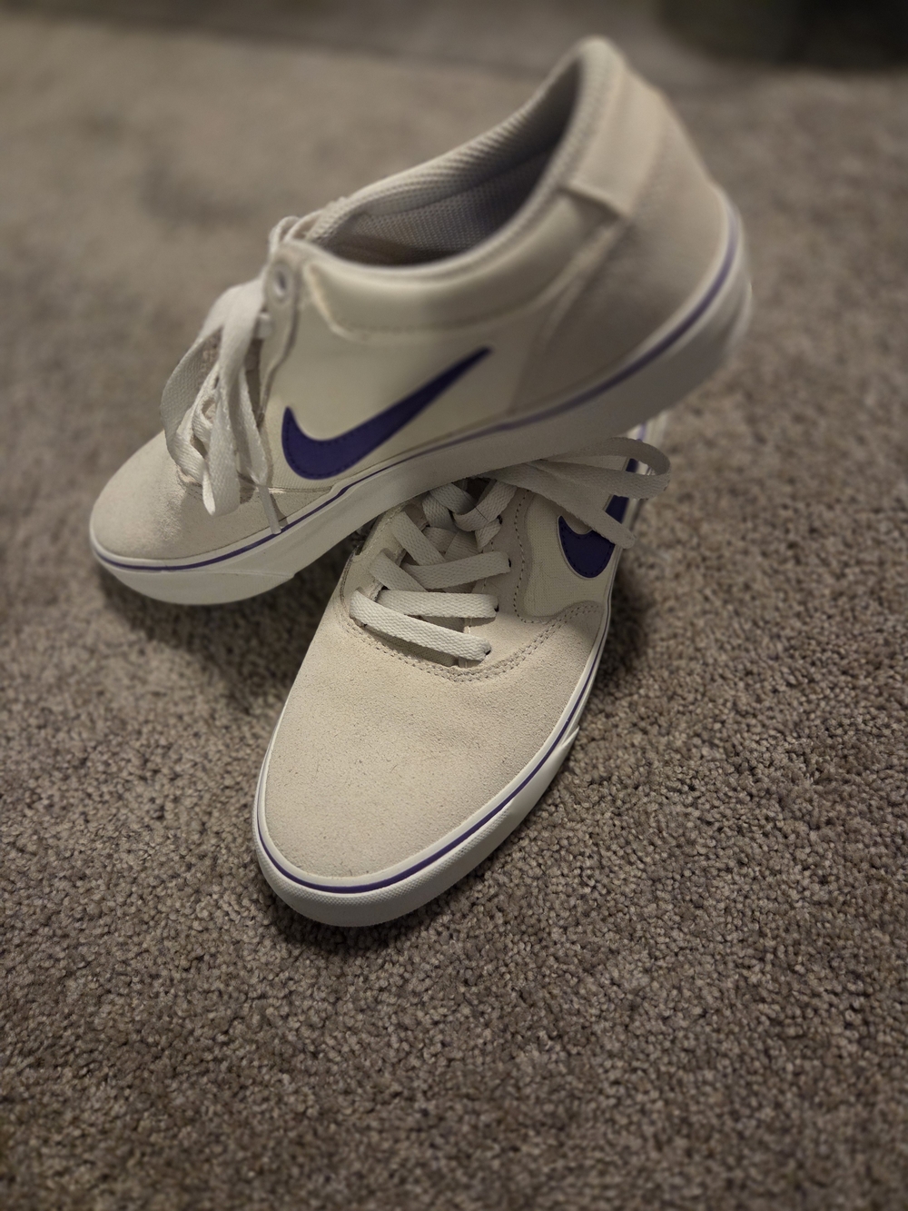 Nike Men’s Low-Top Skate Sneakers in White with Purple Swoosh